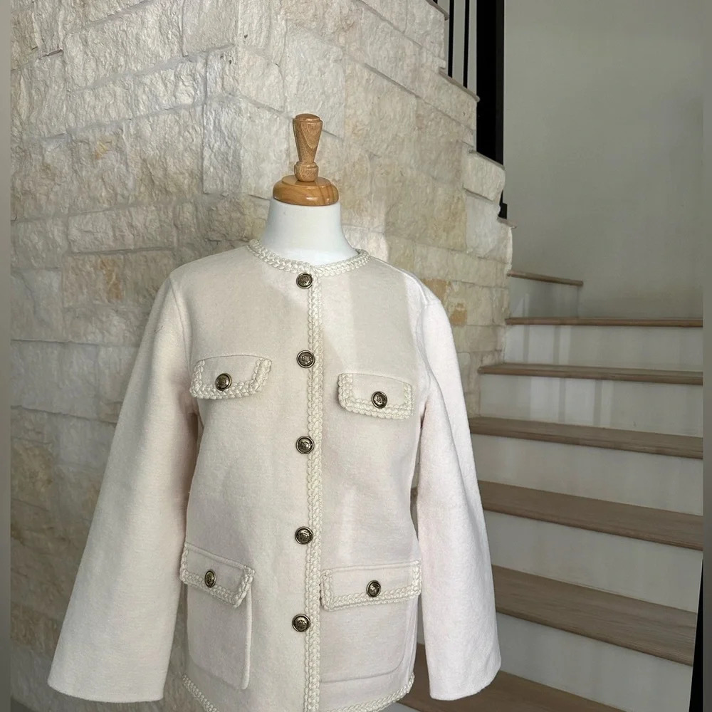 Sandro Cream Preppy Coat with Braided Trim - Picture 10 of 11